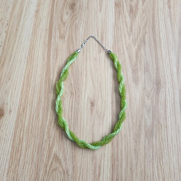 Lime Green Twisted Seed Bead Rope Necklace Braided Multi-Strand Lobster Clasp - Picture 1 of 8